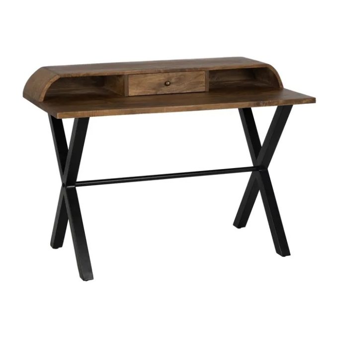 escritorio de un cajón en madera de mango natural y patas en metal negro