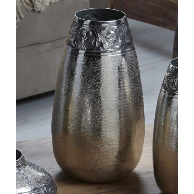 Jarrón Aluminio Grabado Plata Cenefa Hojas (14d x25 cm)