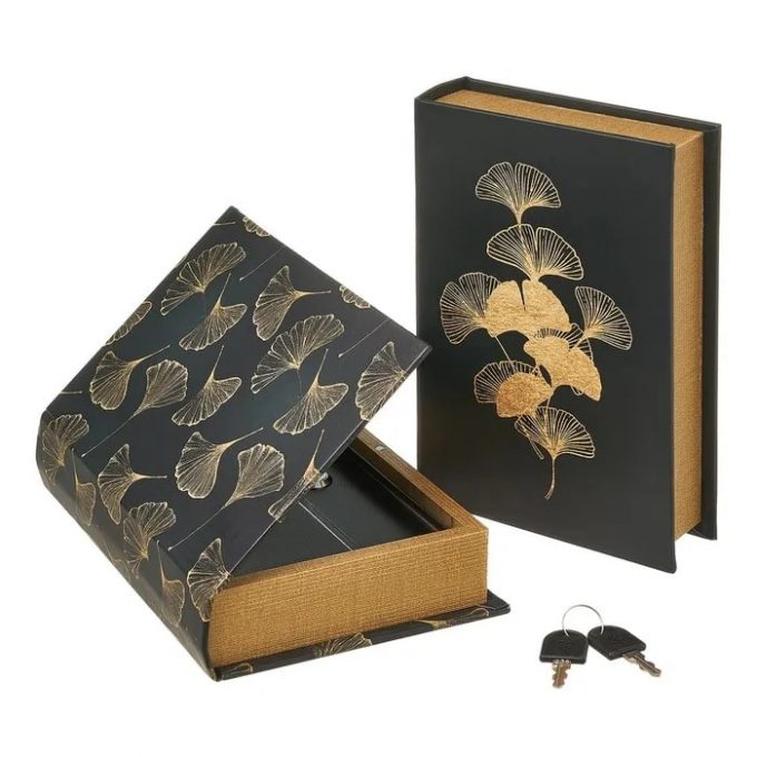 caja libro cierre mdf forrada dibujo ginko negro y oro