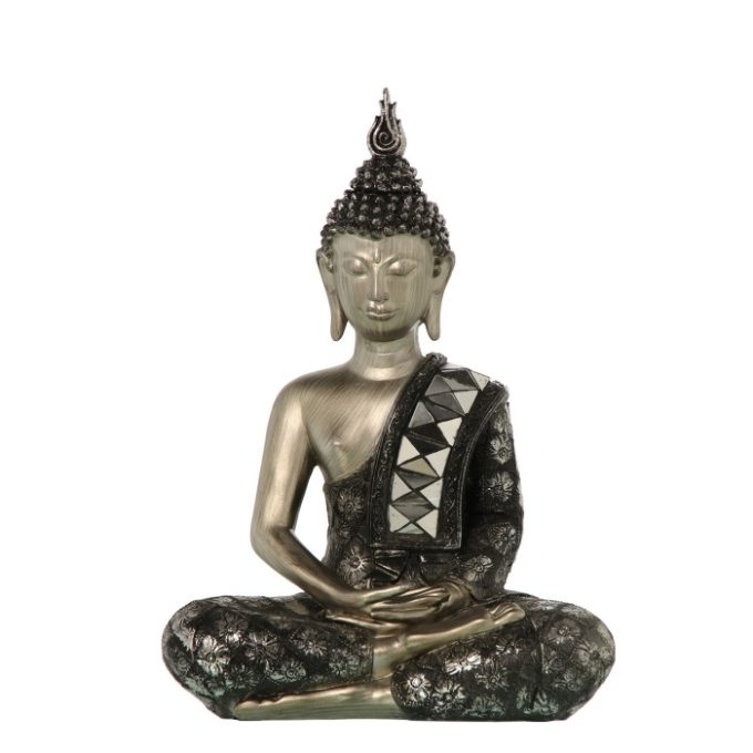 figura buda resina plata vieja túnica grabada 35 cm