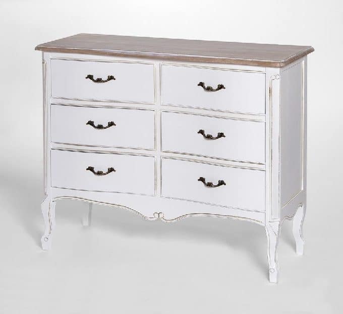 cómoda seis cajones en madera de paulonia blanca combinada con madera natural decapada