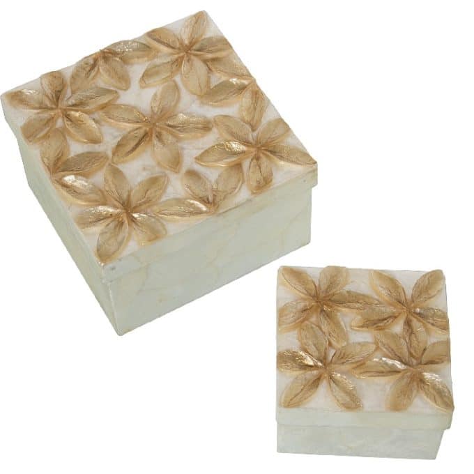 set cajas nácar blanco flor relieve dorada