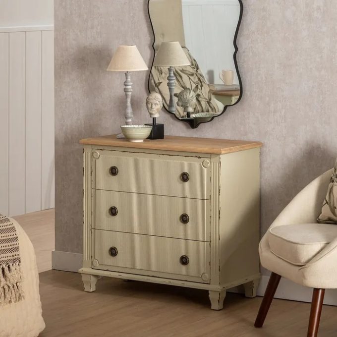 Cómoda Tres Cajones Abeto Crema Natural Niza, Provenzal(80x38x73 cm)