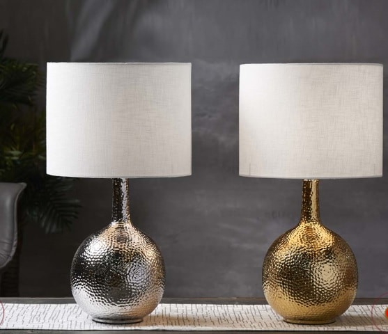 Lámpara Mesa Cerámica Plata Grabada Tulipa Blanca Selene (30dx54 cm)