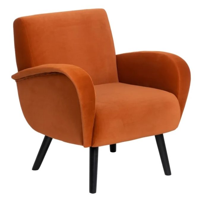 sillón terciopelo naranja nórdico patas abedul negro