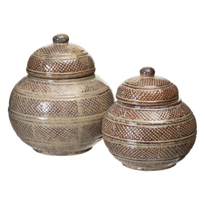 Tibor Cerámica Lacada Marrón Grabados (17dx17,5 cm)