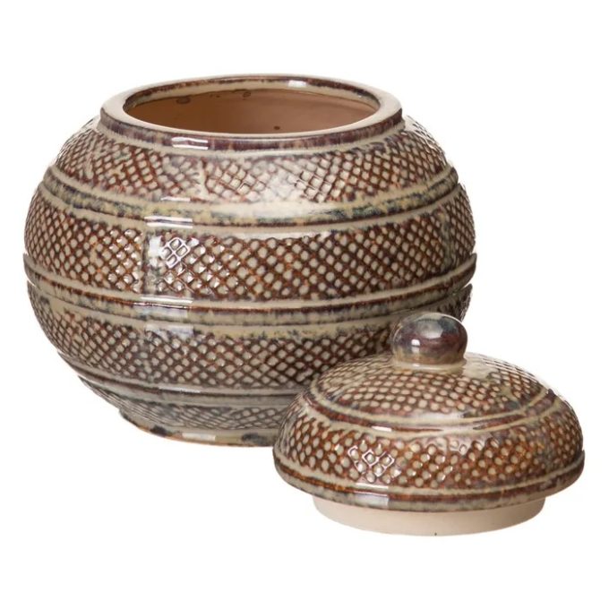 Tibor Cerámica Lacada Marrón Grabados (17dx17,5 cm)