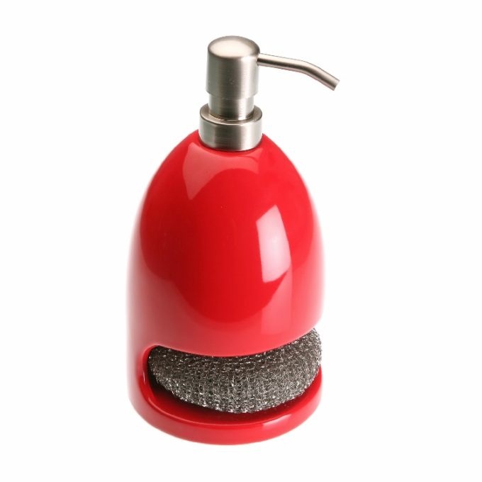 dosificador de cocina rojo con estropajo