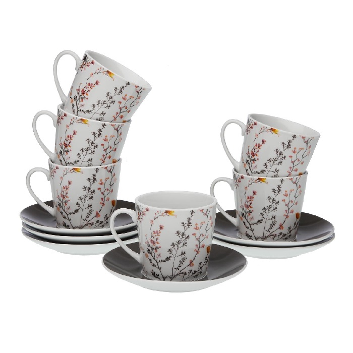 set 6 tazas té porcelana blanca y flores multicolor