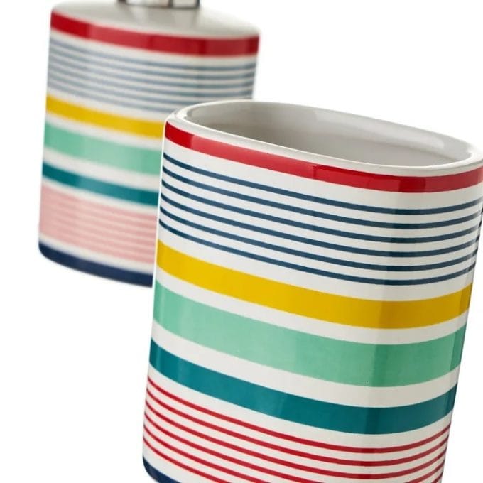Set Baño Cerámica Blanca Líneas Multicolor (8dx6x16 cm)