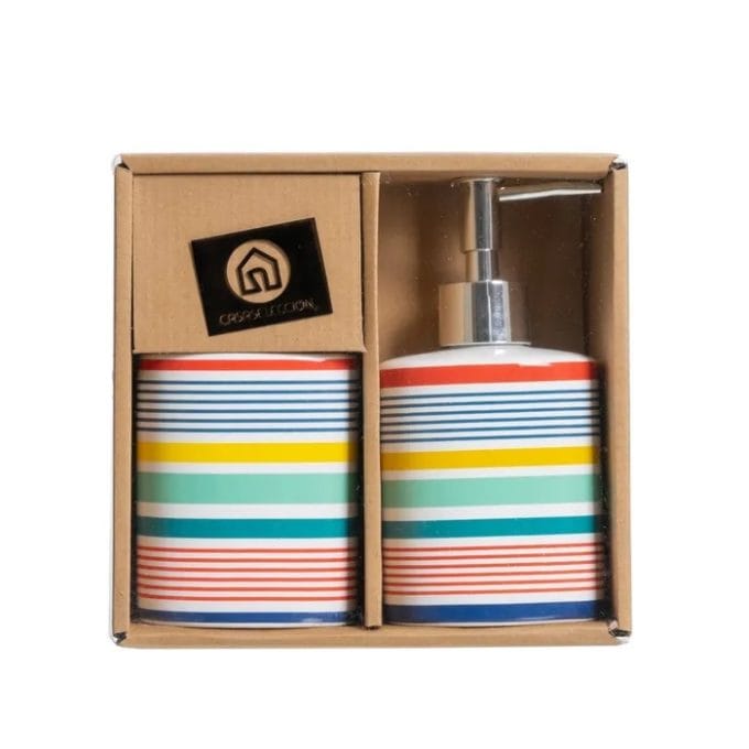 Set Baño Cerámica Blanca Líneas Multicolor (8dx6x16 cm)