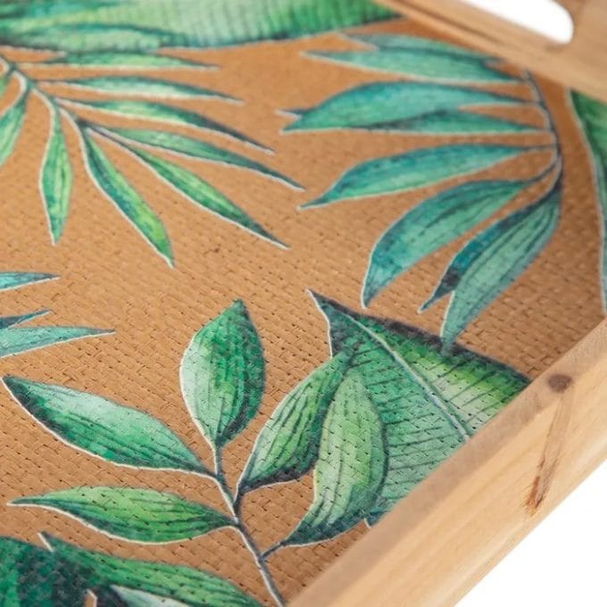 Bandeja Rectangular Madera y Ratán Hojas Verdes (42x28x4,5cm)