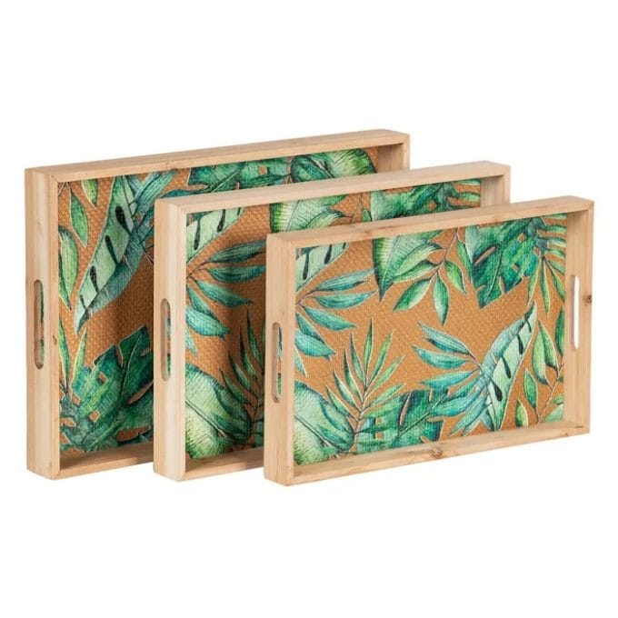 Bandeja Rectangular Madera y Ratán Hojas Verdes (42x28x4,5cm)