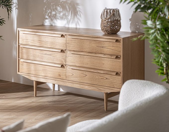Cómoda Seis Cajones Mindi Natural Luka, Nórdica (150x47x82 cm)