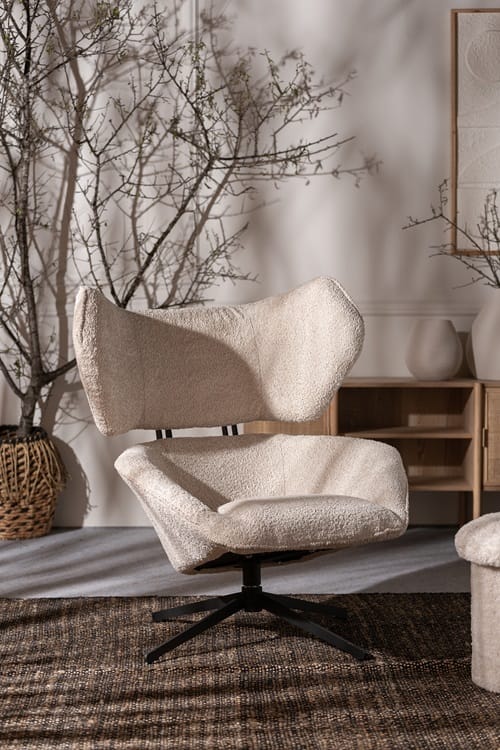 sillón giratorio con respaldo alto tapizado tejido algodón rizo beige contemporáneo