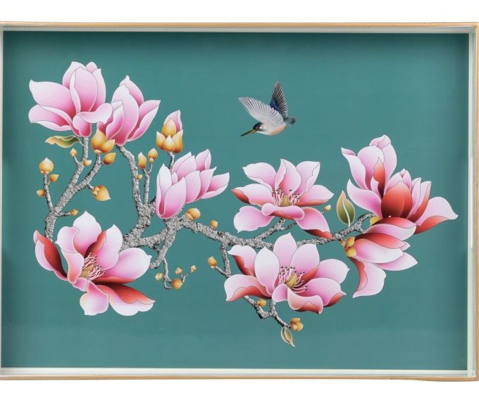 bandeja rectangular lacada blanca y azul con dibujo de flores rosas 48 cm