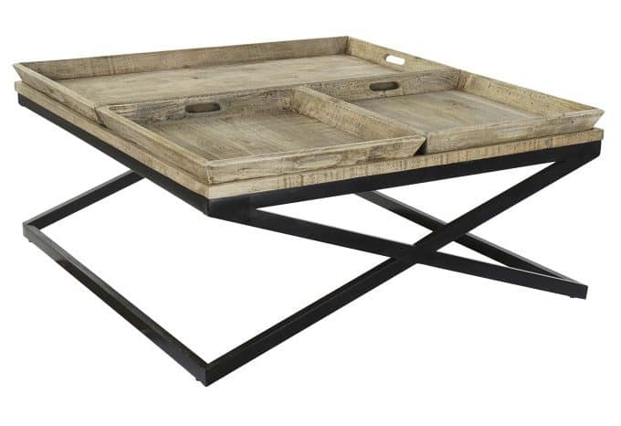 mesa de centro aspas metal bandejas madera extraibles