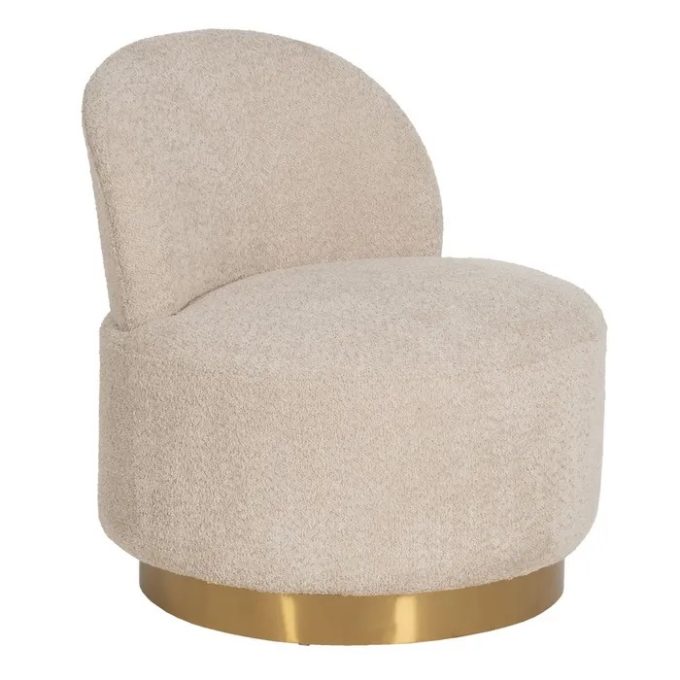 sillón redondo base dorada y tapizado en tejido de rizo beige art decó