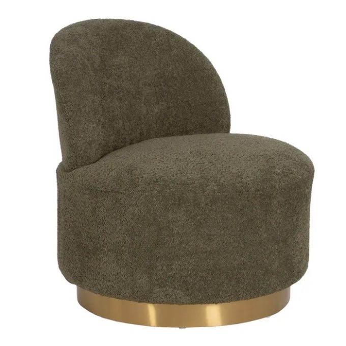 sillón redondo con base dorada y tapizado tejido rizo verde musgo art decó