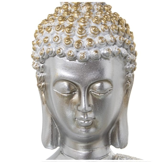 Figura Buda Resina Plata Túnica Dorada (21x13x31 cm)