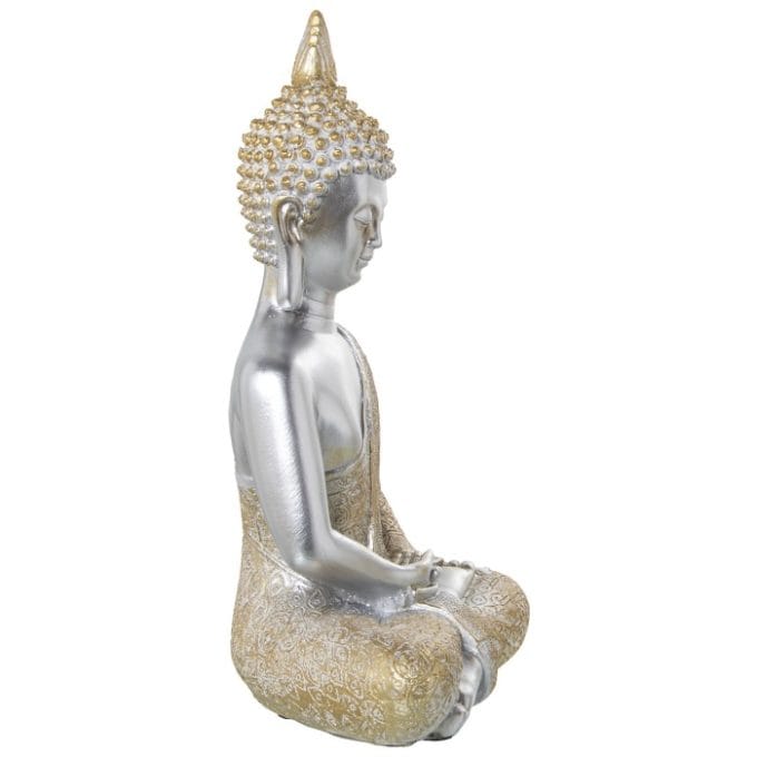 Figura Buda Resina Plata Túnica Dorada (21x13x31 cm)