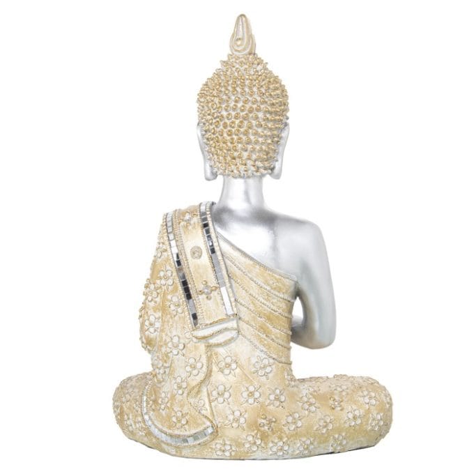 Figura Buda Resina Plata Túnica Dorada (21x13x31 cm)