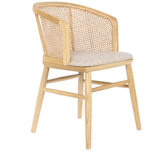 silla madera olmo respaldo curvo rejilla y asiento tapizado beige