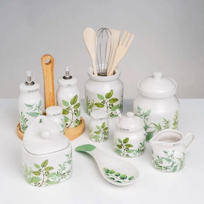 Convoy Aceitera y Vinagrera Cerámica Blanca Ramas Verdes, Vintage (19x16x23cm)