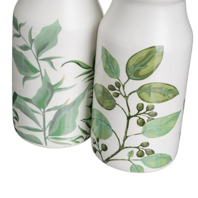 Convoy Aceitera y Vinagrera Cerámica Blanca Ramas Verdes, Vintage (19x16x23cm)