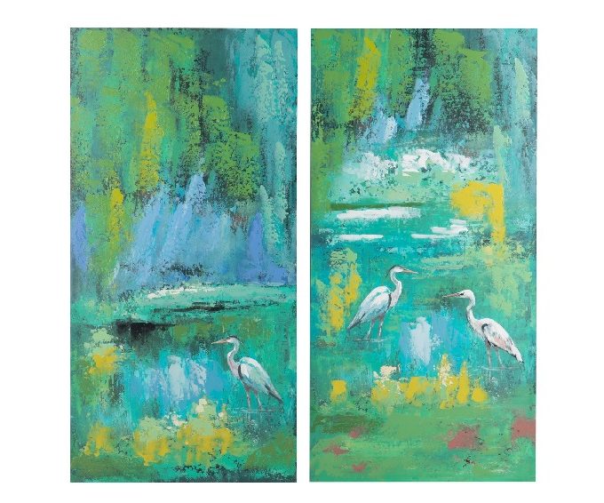 cuadros garzas blancas sobre fondo verde, azul y amarillo