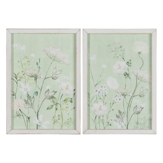 Set de 2 cuadros de flores blancas sobre fondo verde vintage