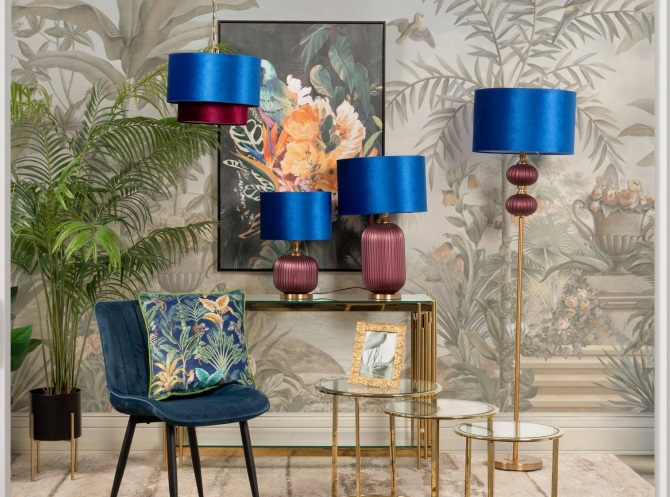 Lámpara Suelo Dorada Morada Azul Ágata, Art Decó (46dx174 cm)