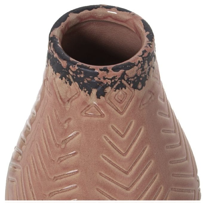 Jarrón Cerámica Rosa Esmaltada Grabados Geométricos (16dx26 cm)