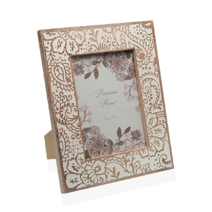 portafotos madera natural y blanca con grabados vegetales 13 18 cm