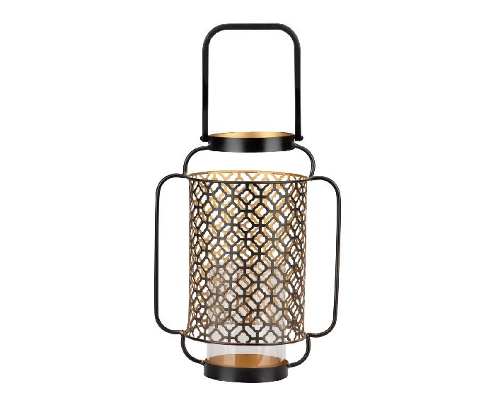 Portavelas Metal Calado Negro y Oro Metal Oro y Cristal (26x17x48 cm)