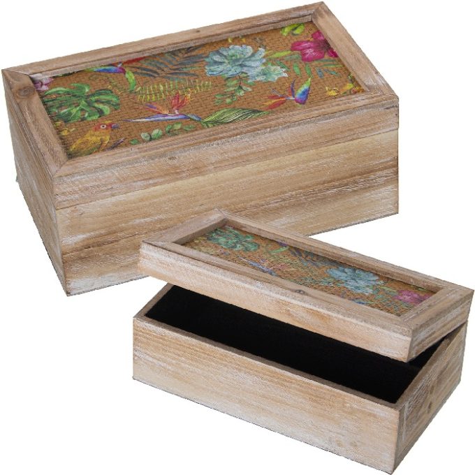 set 2 cajas madera y ratán con flores y pájaros multicolor