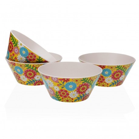 set 4 cuencos polietileno amarillos flores multicolor