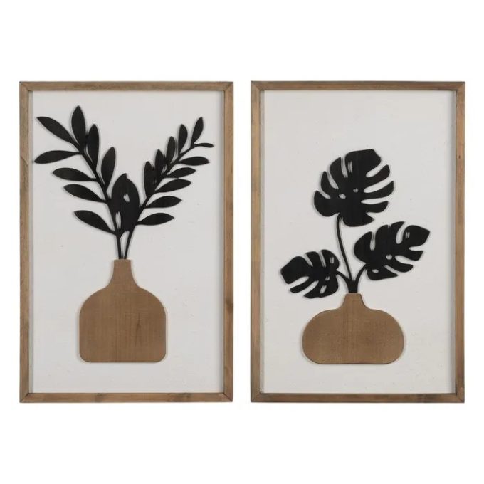 set dos cuadros de jarrones marrones y negros en madera con relieve