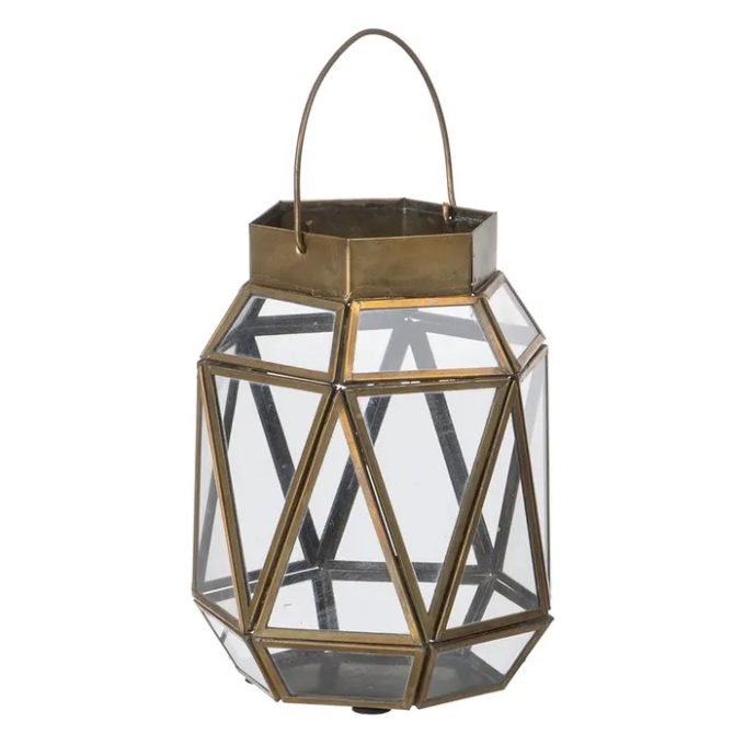 farol portavelas metal dorado cristal hexagonal