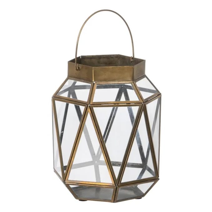 farol portavelas metal dorado cristal hexagonal 22 cm