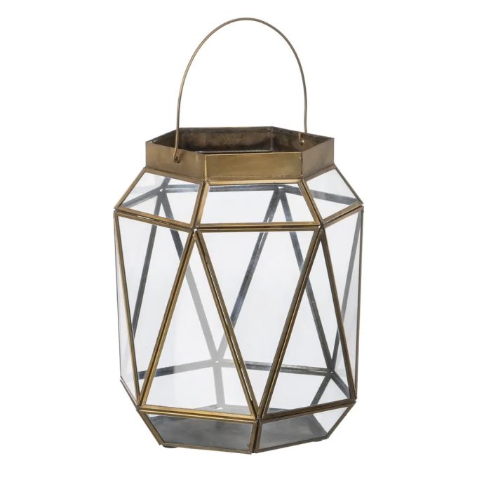 farol portavelas metal oro viejo cristal 27 cm