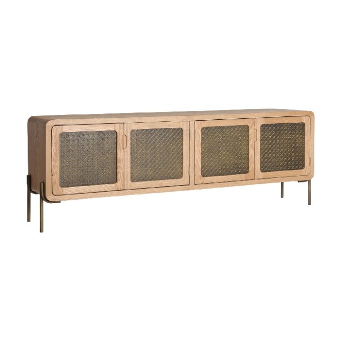 mueble tv madera de pino frontal puertas aluminio grabados geométricos en dorado