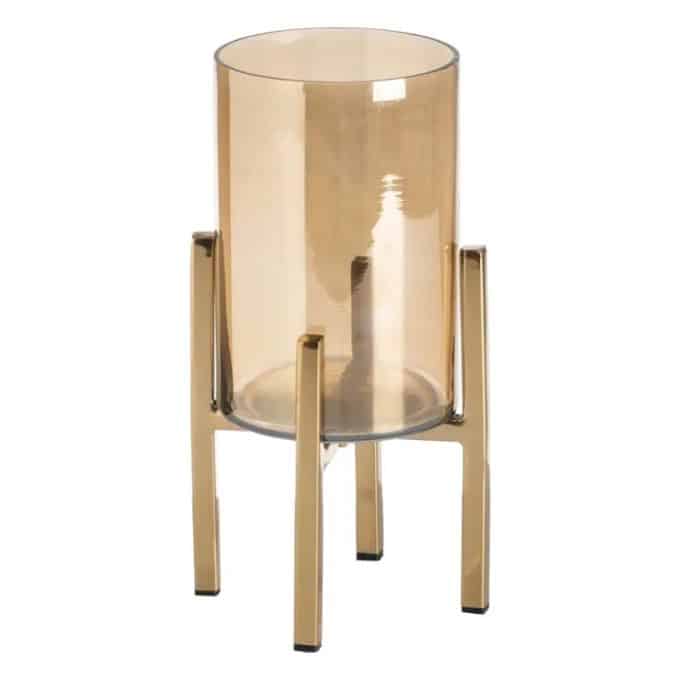 portavelas en acero dorado y vaso de cristal ahumado