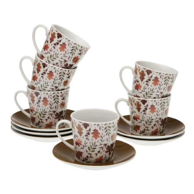 set de tazas en porcelana blanca con dibujos de hojas otoñales