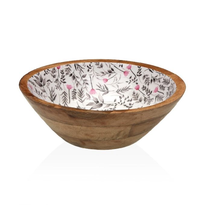 ensaladera madera mango y porcelana esmaltada con flores en rosa de estilo vintage