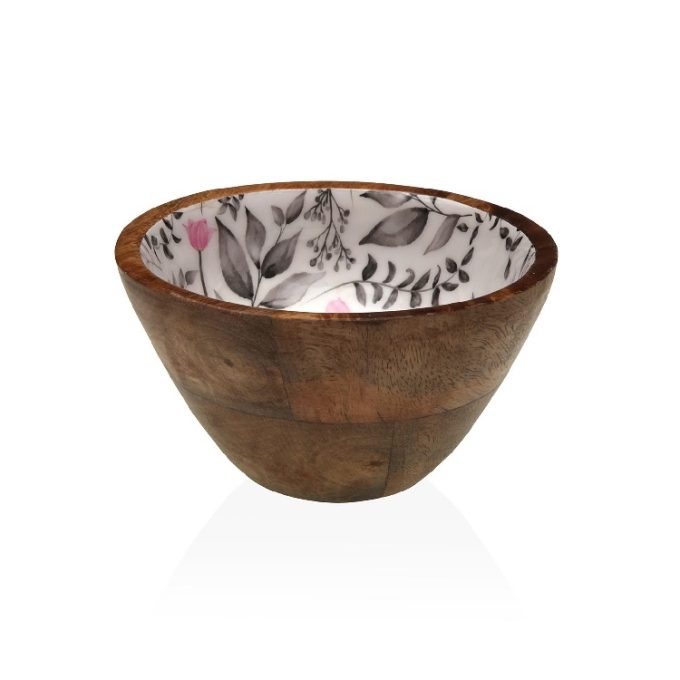 bol madera mango y porcelana esmaltada con dibujo de flores