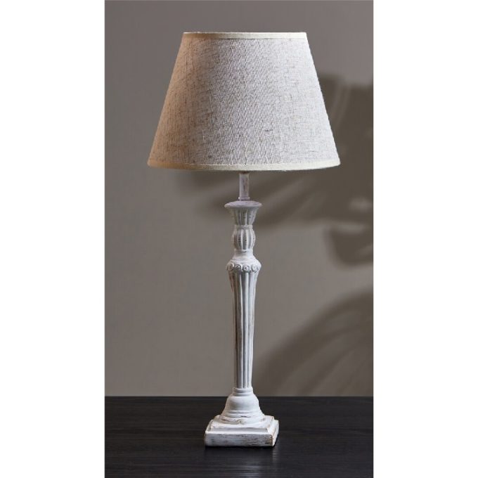 lampara mesa de base blanco rozado y tulipa de lino beige