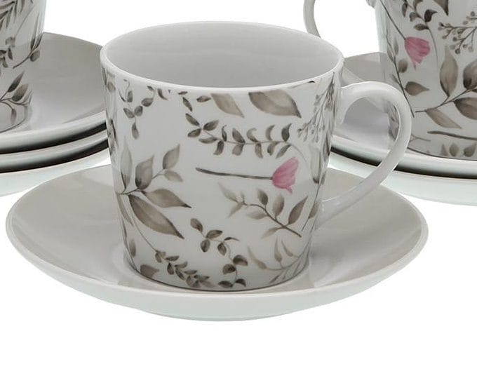 Set 6 Tazas de Té en Porcelana Blanca con Flores Rosas Evian,Vintage (14dx9cm)