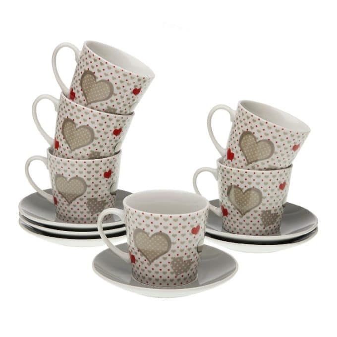 set 6 tazas de té en porcelana blanca con dibujos de corazones en rojo y gris