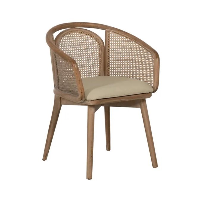 silla respaldo curvoenmadera de caucho naturaly rejilla con asiento tapizado beige